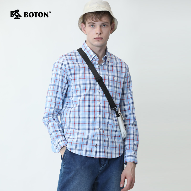 波顿蓝白红色时尚高端格子衬衫