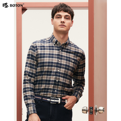 波顿2025秋季新款蓝绿棕白色长袖男士格子衬衫高端美式休闲衬衣