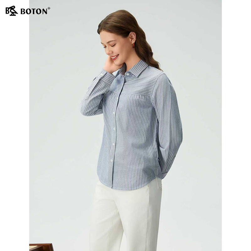波顿翻领长袖纯棉条纹衬衫