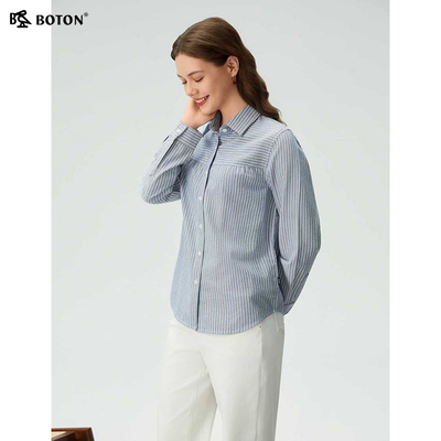 波顿翻领长袖纯棉条纹衬衫