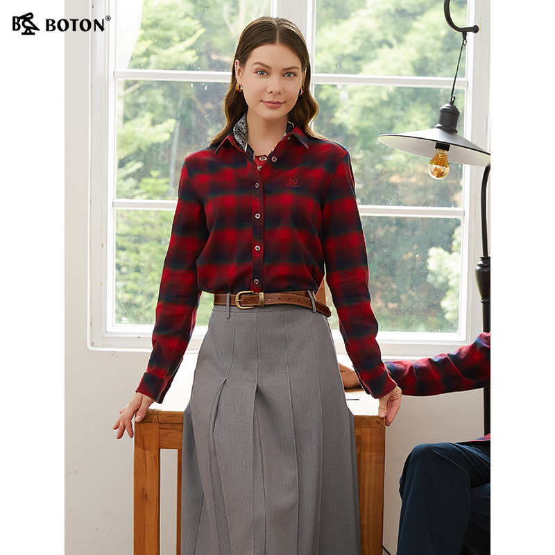 波顿梭织翻领长袖磨毛格子衬衫