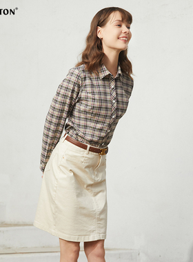 波顿2025春季新款女士绿白橙色长袖格子衬衫高端美式休闲英伦衬衣