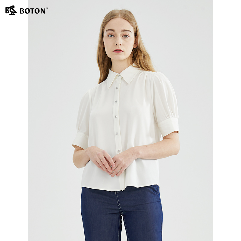 女士高端纯色泡泡袖短袖衬衫