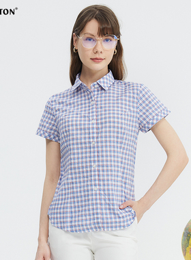 波顿2025夏季短袖红蓝白色透气格子衬衫女士美式休闲纯棉大码衬衣