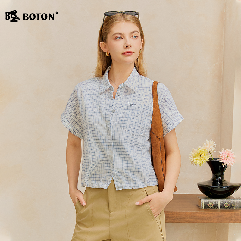 Boton/波顿女装梭织合宽松翻领全开襟蝙蝠格仔短袖衬衫2026年春季