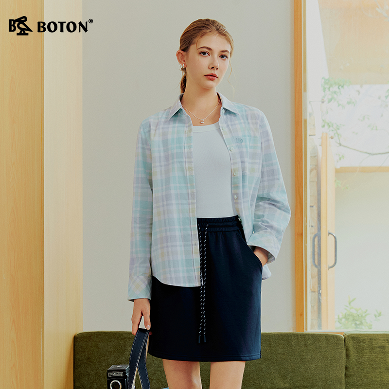 Boton/波顿女装梭织宽松翻领全开襟格仔长袖衬衫2026年春秋季