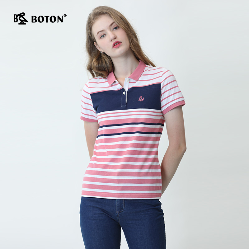 波顿女士条纹美式polo衫拼接印花