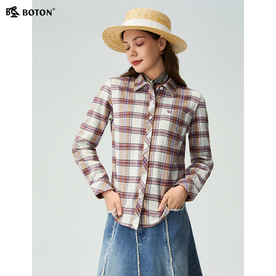 波顿女士白紫细格纯棉磨毛衬衫