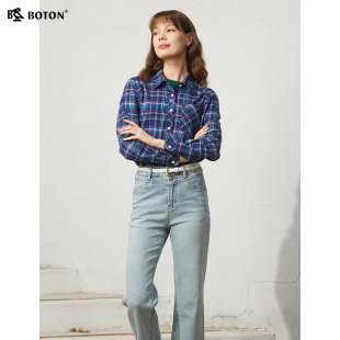 波顿2025春季新款女士紫蓝色长袖格子衬衫高端美式休闲英伦风衬衣