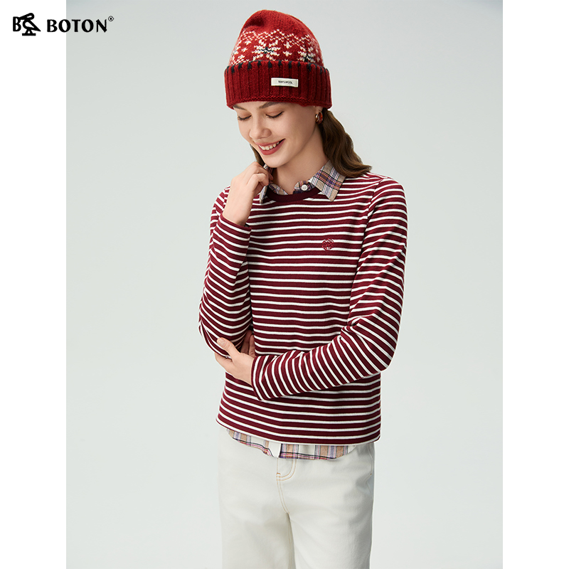 波顿秋冬新款女士海军风条纹圆领长袖针织衫插肩袖上衣通勤百搭