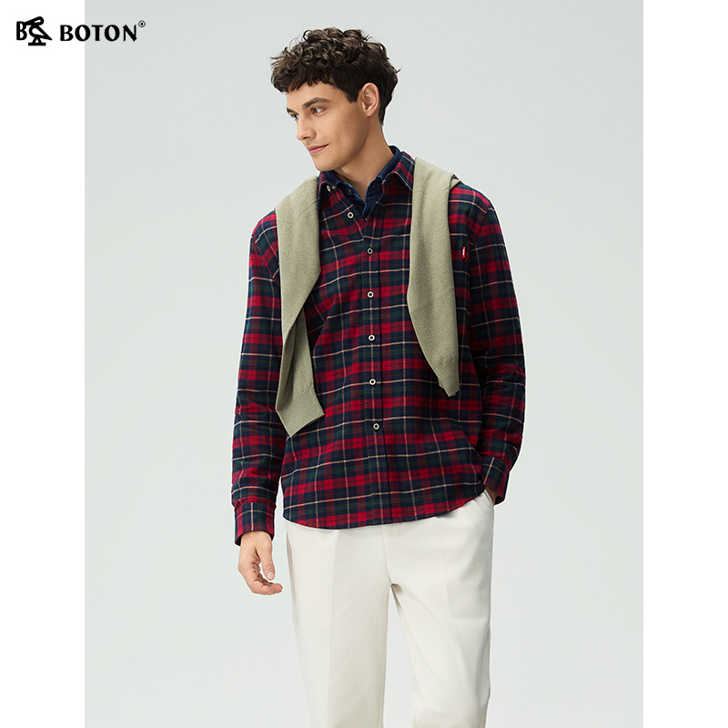 波顿男士格子长袖衬衫