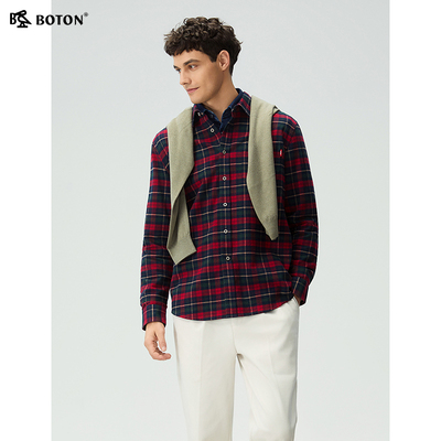 波顿男士格子长袖衬衫