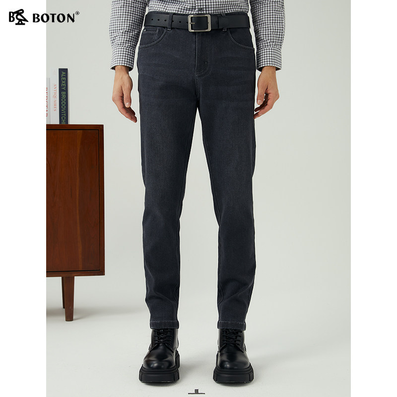 波顿2024秋冬新款牛仔裤高端男士复古灰色直筒修身抓绒裤子