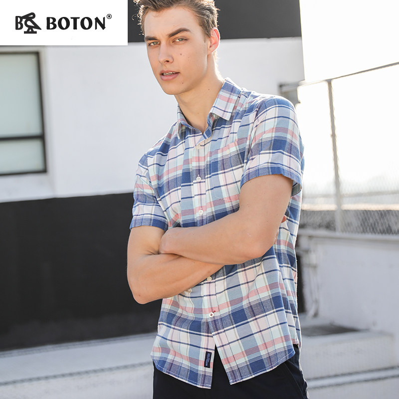 波顿/Boton2018彩虹格子衬衫夏装男士短袖休闲彩色纯棉薄款英伦风