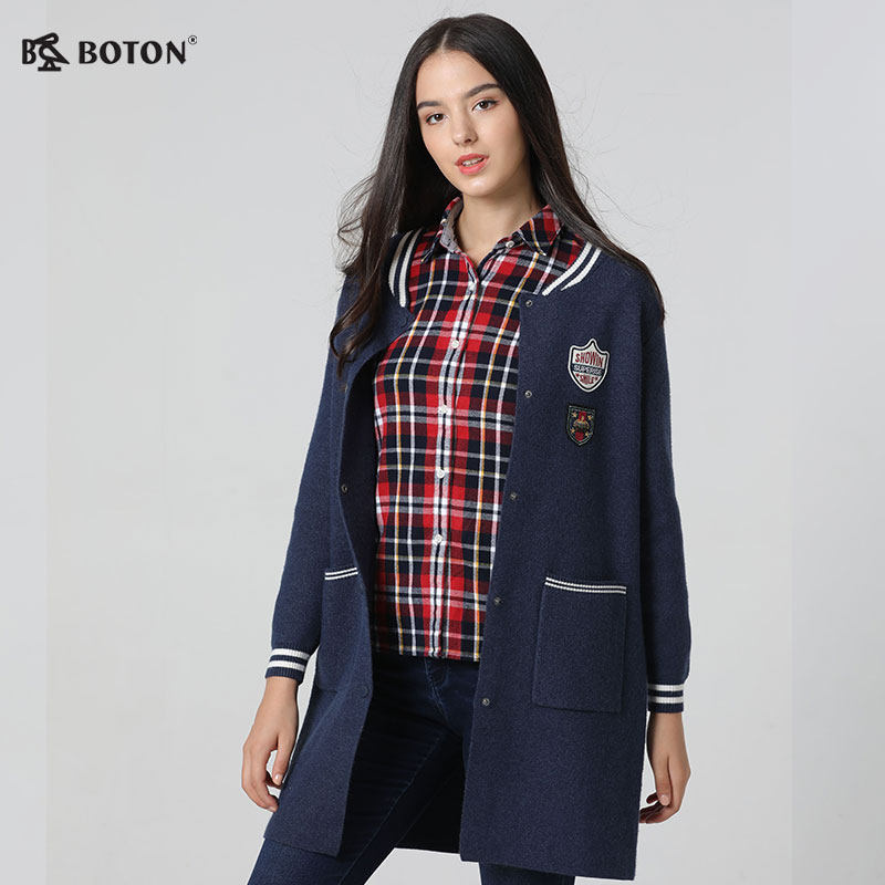 波顿/Boton2018年女款中长款毛呢外套休闲棒球衣