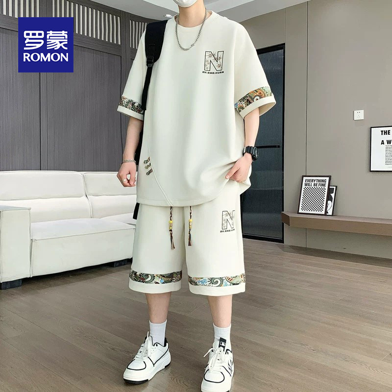 罗蒙男士休闲套装夏季冰丝薄款中国风宽松短袖T恤短裤国潮两件套