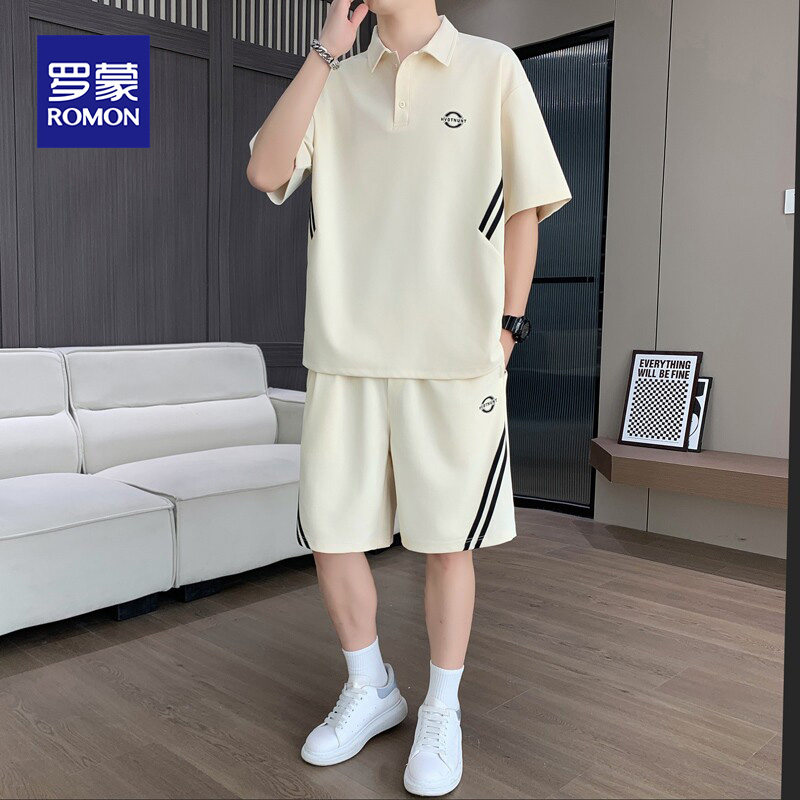 罗蒙潮流休闲套装男士2026夏季新款高级感短袖翻领polo衫男装一套