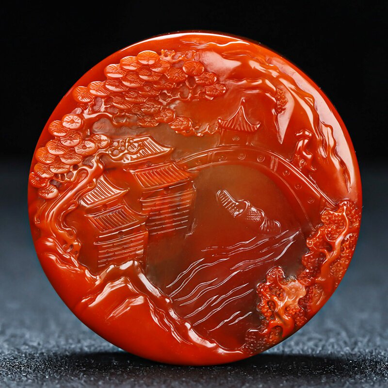 天然凉山南红玛瑙锦绣山河吊坠南红山水牌摆件原石雕刻男女款337