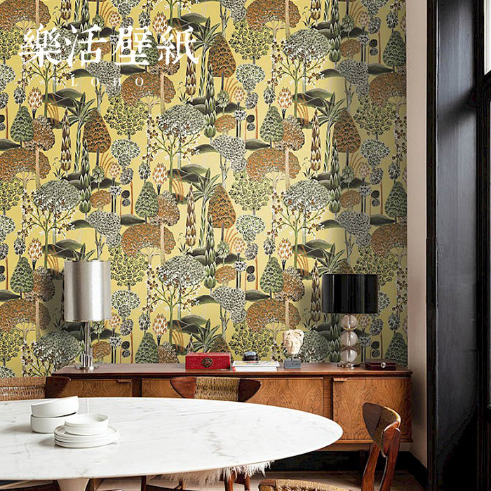 比利时原装进口壁纸现代美式松树田园花卉植物客厅卧室背景墙墙纸