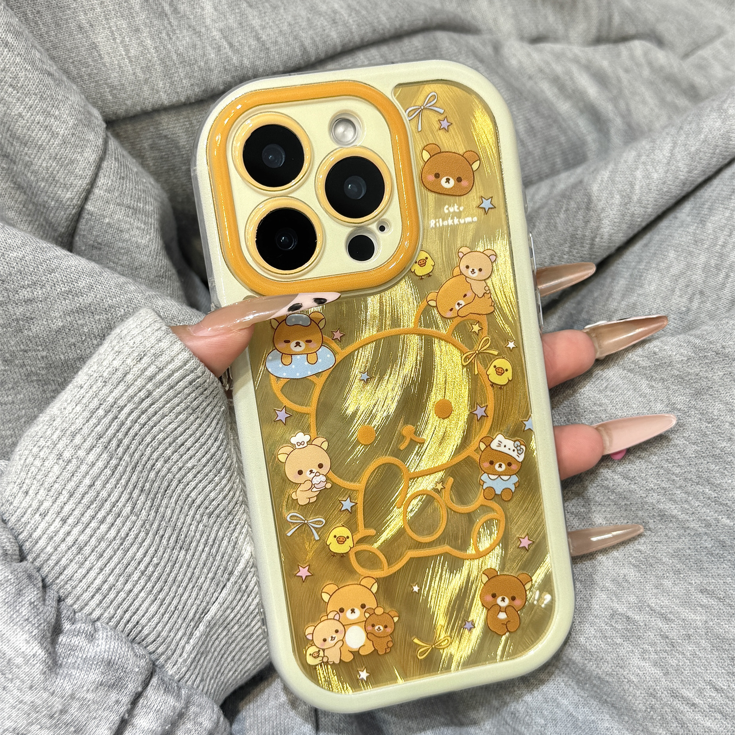 金灿灿羽纱纹可爱线条轻松熊用于iphone16promax苹果14手机壳15新款15pro女16少女心13pm全包硅胶创意防摔套