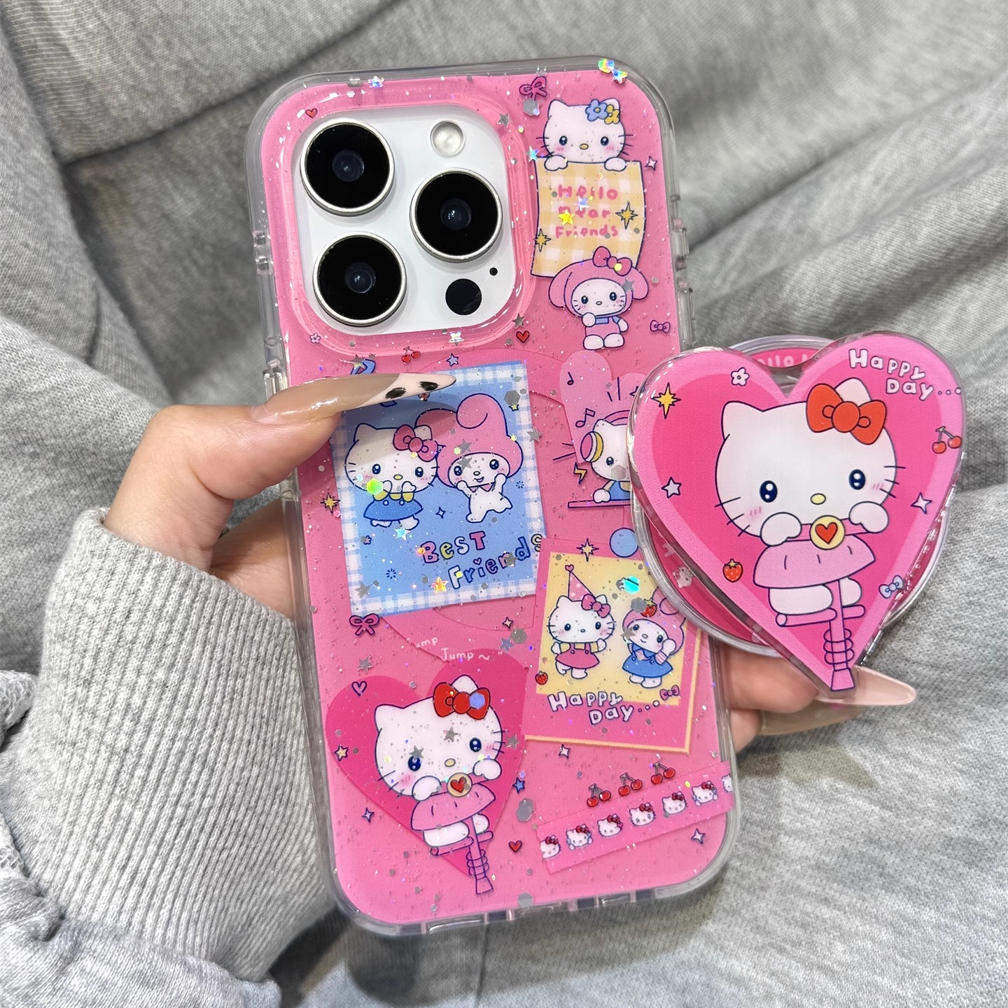 细闪粉亮片美乐蒂kitty猫爱心磁吸支架适用于iphone16promax苹果14手机壳15新款15pro女16可爱13pm硅胶防摔套