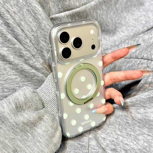 磨砂电镀银底绿色波点360旋转一体支点壳适用于iphone17promax苹果14手机壳15新款16pro女13硅胶17pm防摔软壳