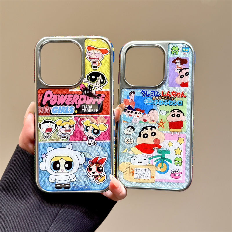 日系卡通动漫蜡笔小新小女警适用于iphone16promax苹果14手机壳15新款15pro女16情侣13pm滴胶电镀边防摔软壳