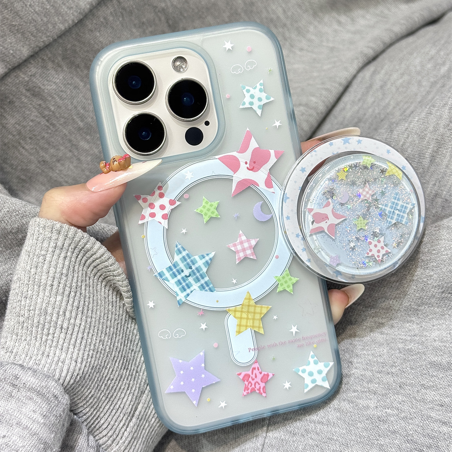 韩系ins彩色格纹星星流沙磁吸支架适用于iphone16promax苹果14手机壳15新款15pro女16少女心13pm硅胶防摔软壳