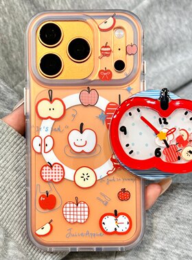 半透双层满屏格纹红苹果时钟磁吸支架适用于iphone17promax苹果17手机壳15新款16pro女17pm硅胶创意防摔软壳