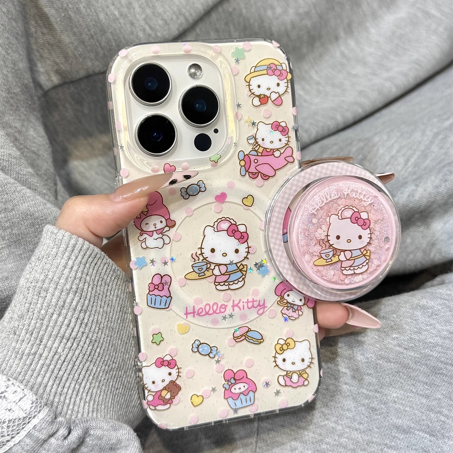 细闪粉亮片可爱美乐蒂kitty猫流沙磁吸支架适用于iphone16promax苹果14手机壳15新款15pro女16硅胶13pm防摔套