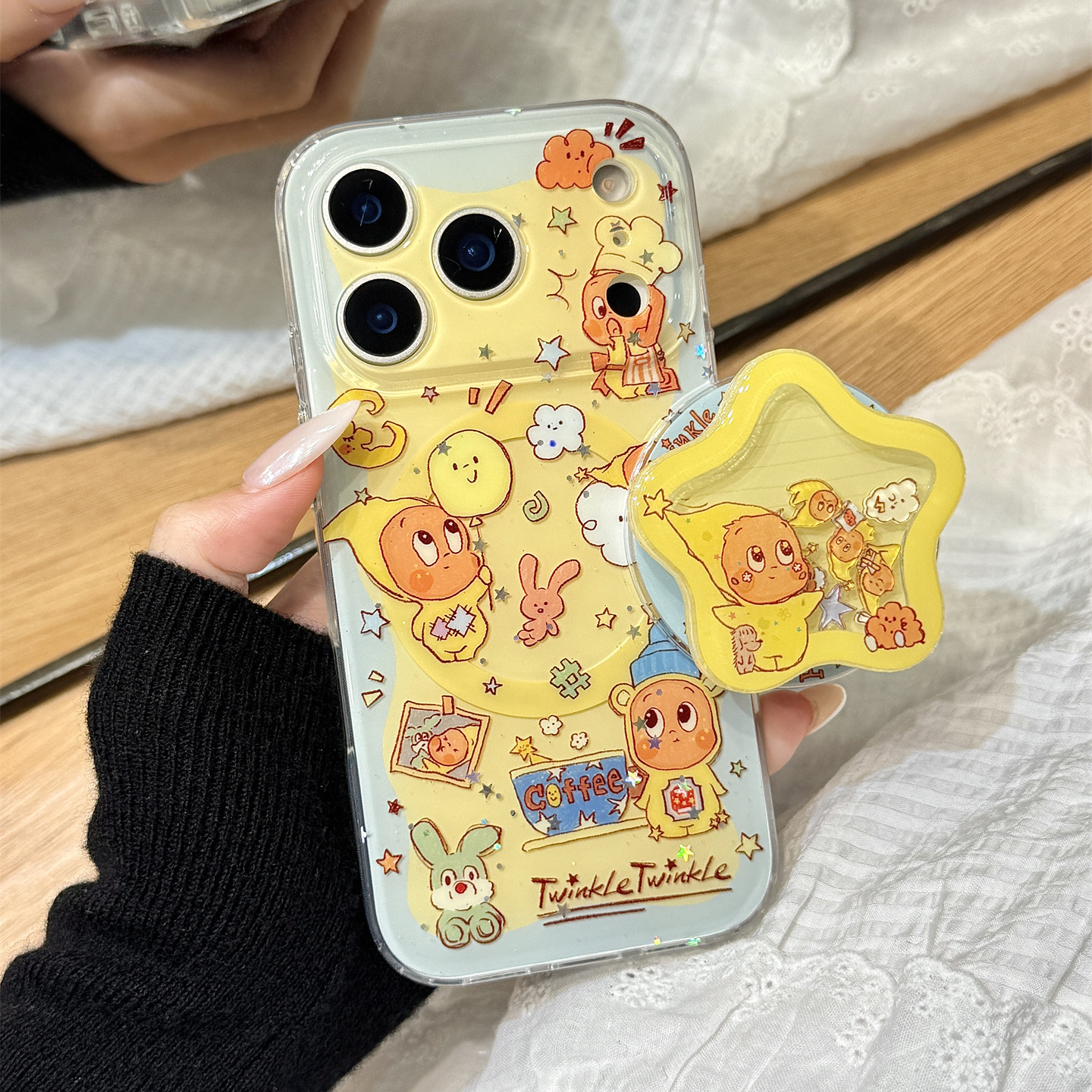 闪粉亮片可爱星星小人摇摇乐磁吸支架适用于iphone17promax苹果14手机壳15新款16pro女13双层17pm硅胶防摔套