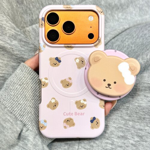可爱油画花朵蝴蝶结小熊头像磁吸支架适用于iphone17promax苹果17手机壳15新款16pro女17pm二合一菲林壳防摔