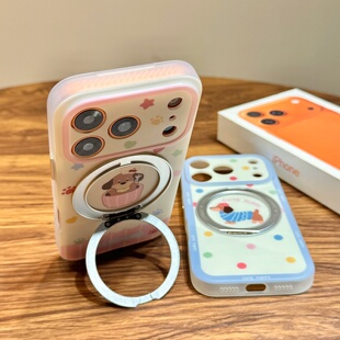 可爱油画彩色波点星星爪印腊肠狗360旋转支架适用于iphone17promax苹果14手机壳15新款 16pro女13情侣17pm防摔