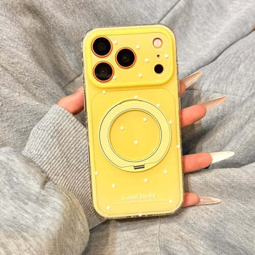 夏日奶黄色底白波点360旋转一体支点壳适用于iphone17promax苹果14手机壳15新款16pro女13简约17pm硅胶防摔套