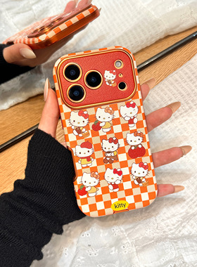 星宇橙色格子纹可爱红苹果kitty猫大视窗适用于iphone17promax苹果14手机壳15新款16pro女13皮纹17pm防摔软壳