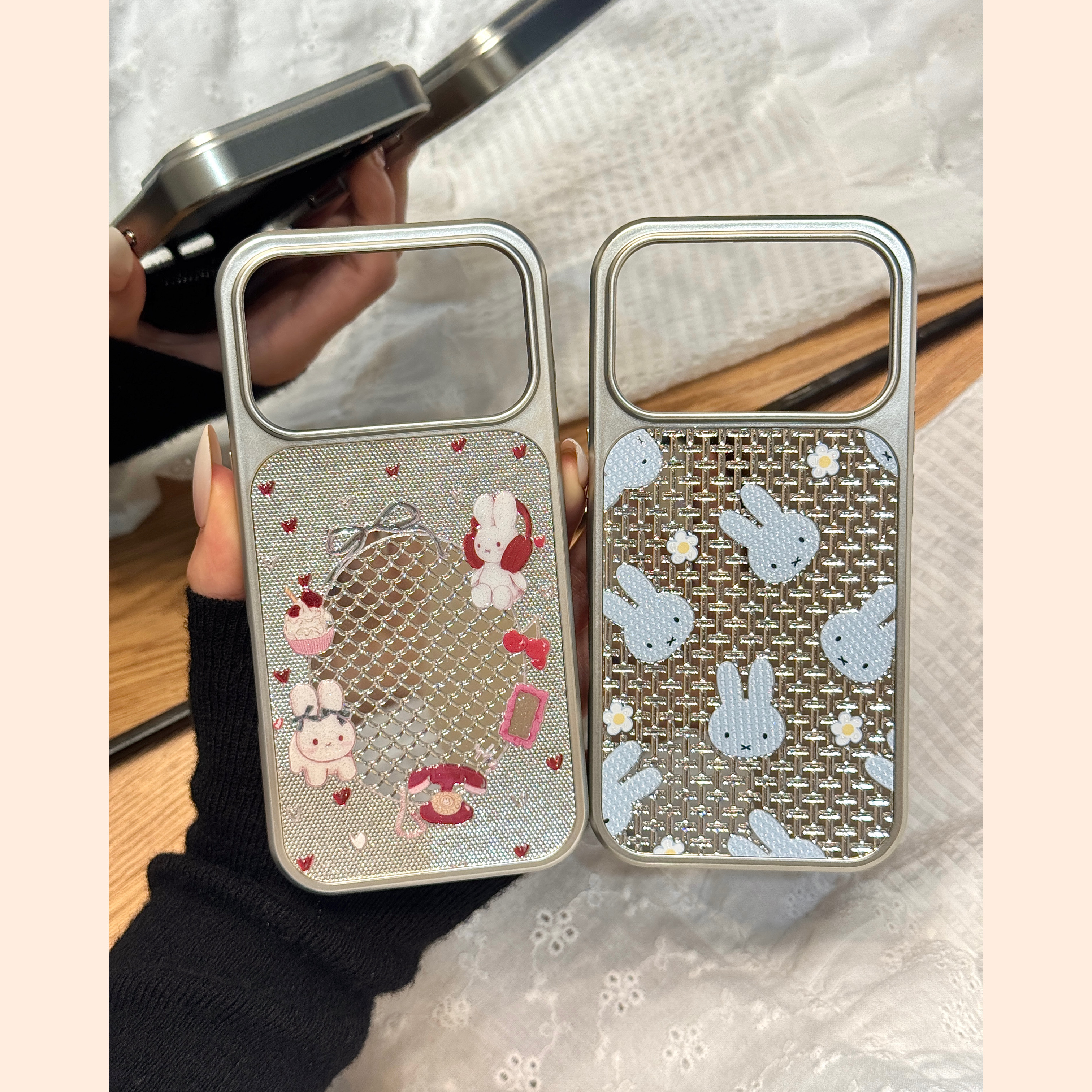 高级感电镀银色甜品花朵米菲兔适用于iphone17promax苹果14手机壳15新款16pro女13可爱17pm亚克力硅胶防摔套