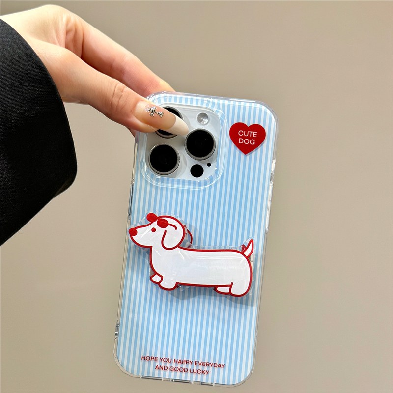 玩胜 简约风条纹爱心腊肠狗折叠支架iphone16promax苹果14手机壳15新款15pro女12少女心13pm双层硅胶防摔软壳