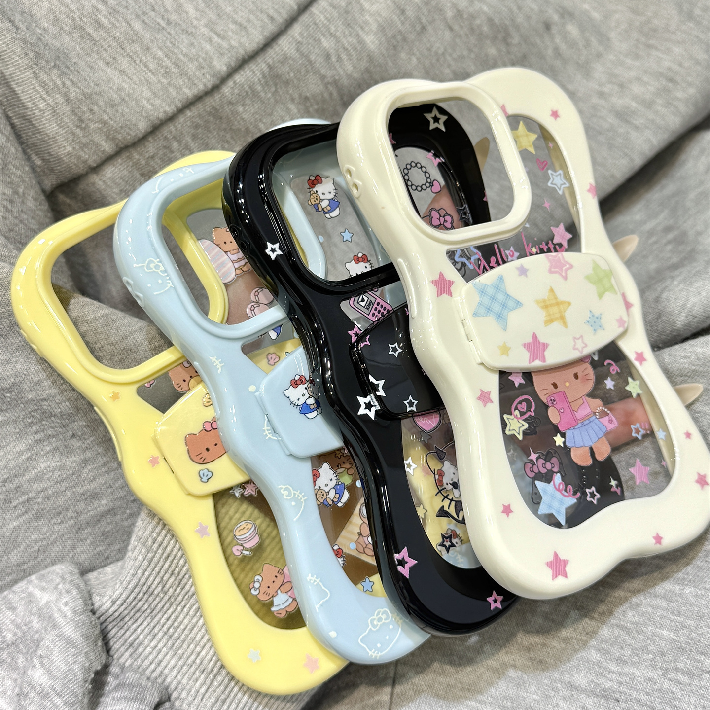 多巴胺彩色星星kitty猫折叠支架适用于iphone16promax苹果14手机壳15新款15pro女16闺蜜13pm波浪边硅胶防摔套