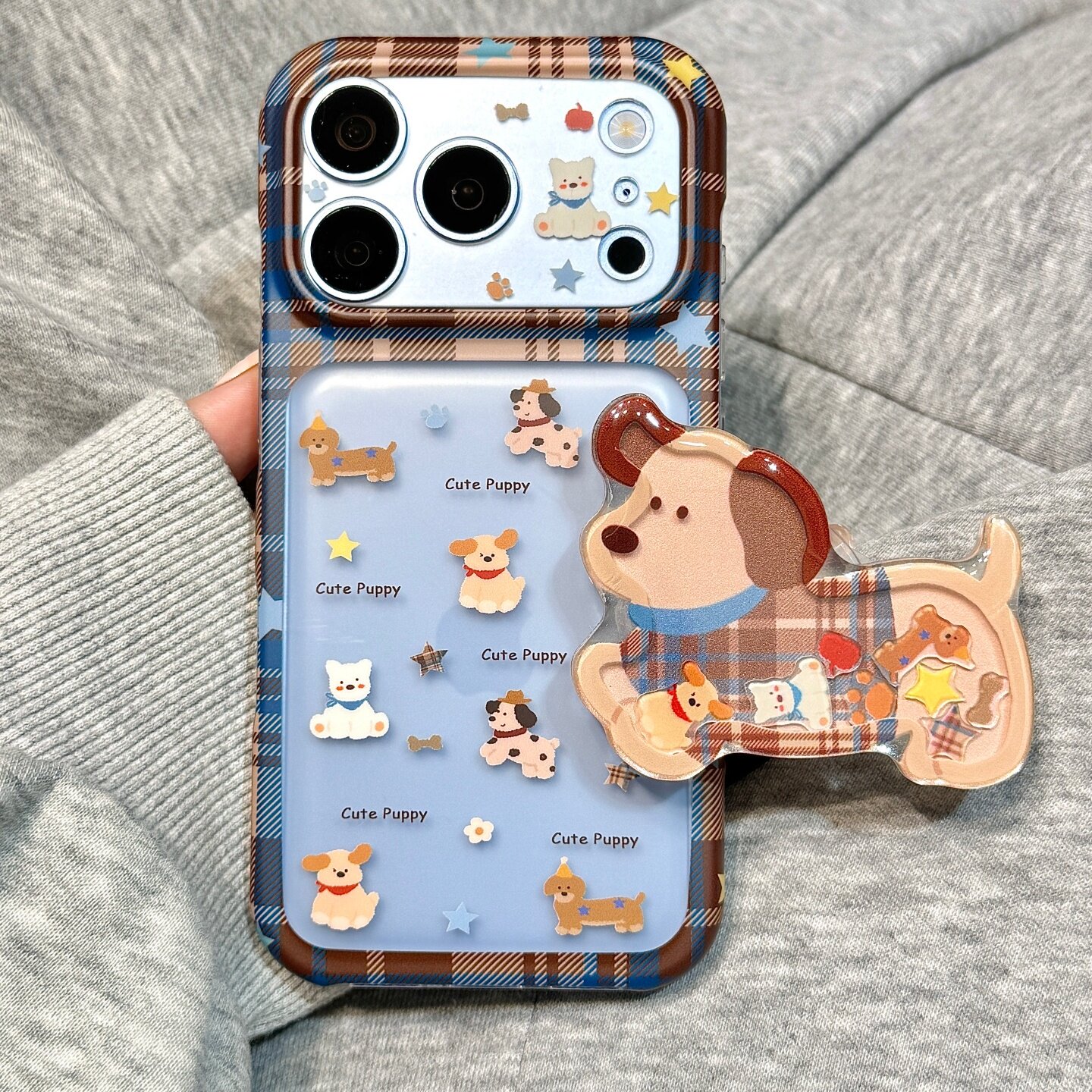 撞色格子纹镂空满屏狗狗摇摇乐支架适用于iphone18promax苹果17手机壳15新款16pro女17pm双层硅胶创意防摔套