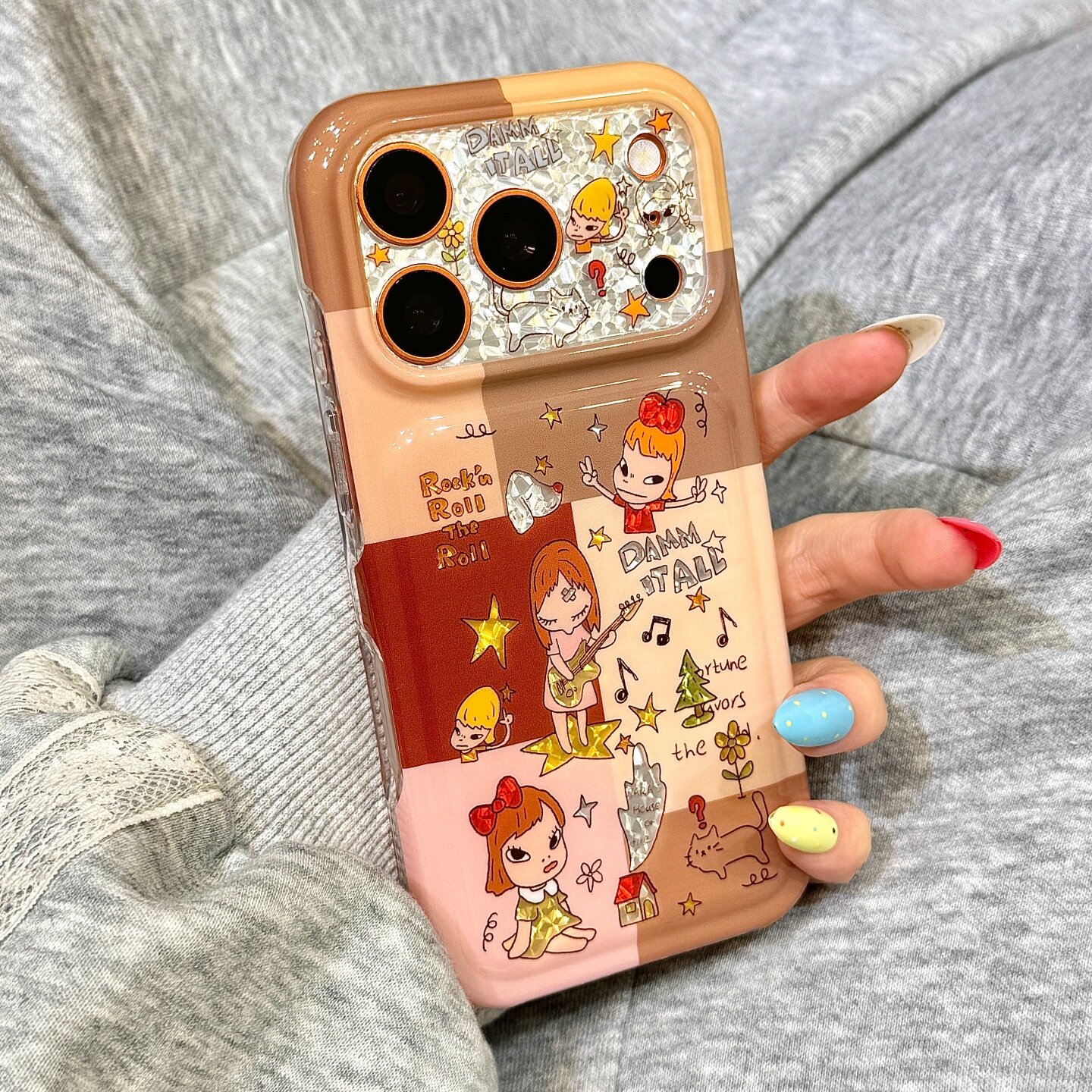 拼接撞色格子钻纹圣诞树吉他奈良美智女孩适用于iphone18promax苹果17手机壳15新款16pro女17pm硅胶防摔软壳