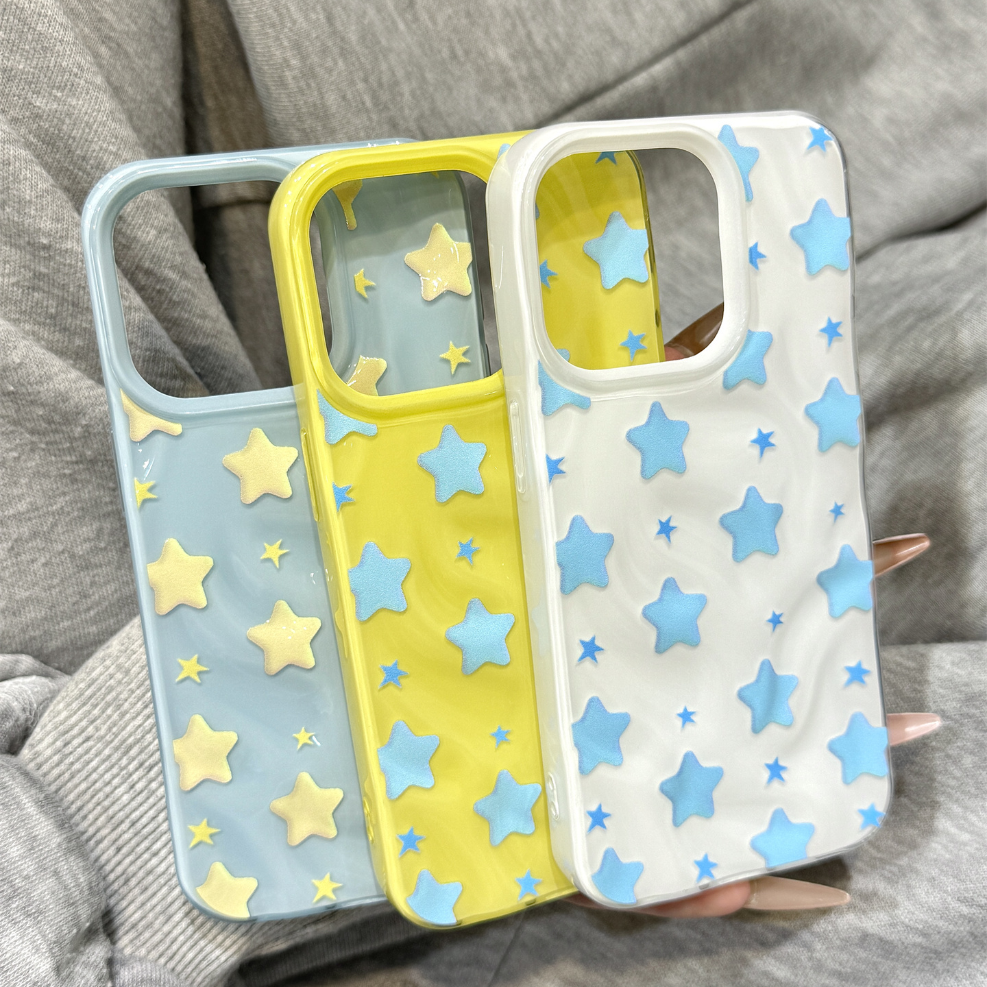 韩系ins简约风纯色满屏星星适用于iphone16promax苹果14手机壳15新款15pro女16情侣13pm褶皱纹硅胶创意防摔套