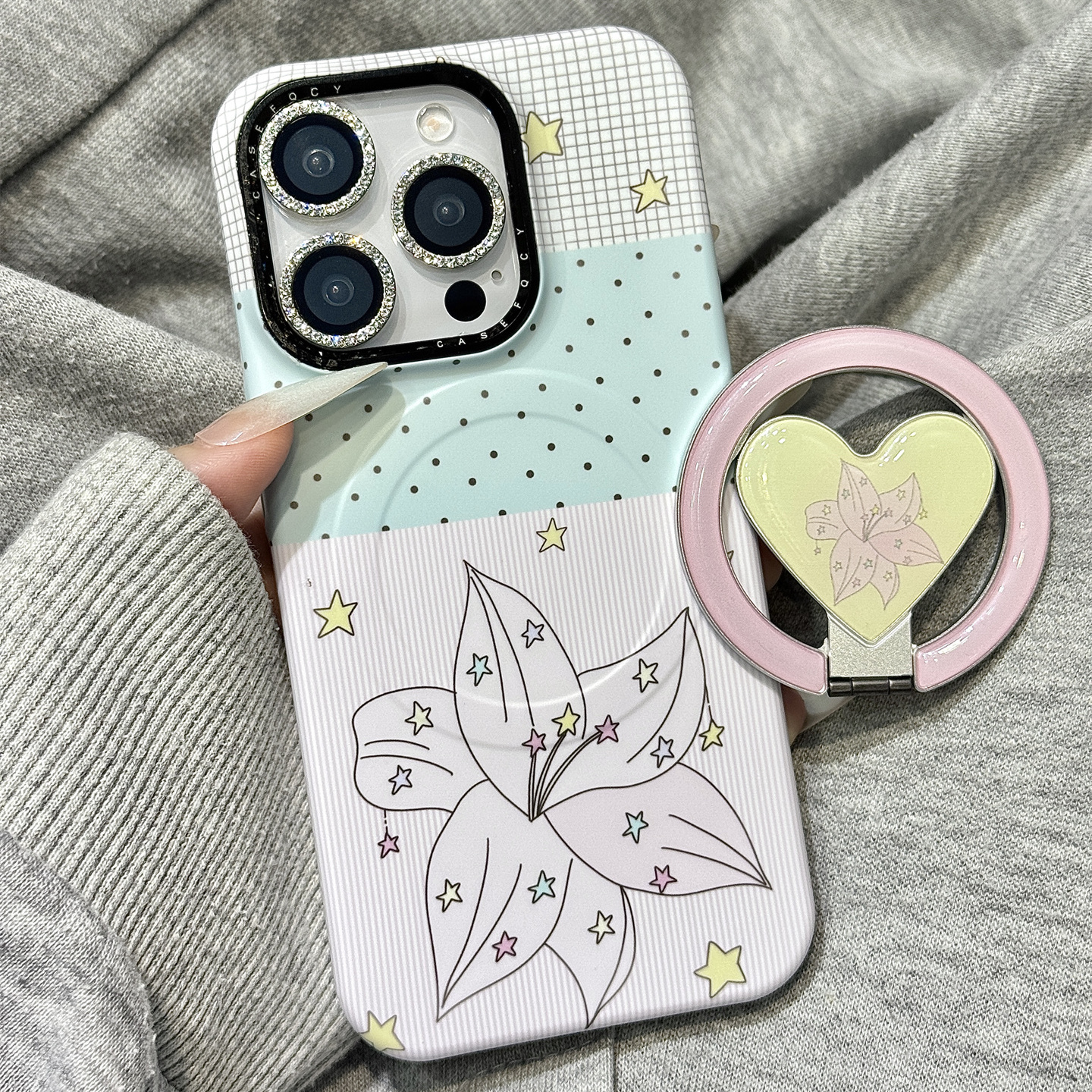清新油画波点星星花朵爱心折叠磁吸支架适用于iphone16promax苹果14手机壳15新款15pro女16菲林壳13pm防摔套