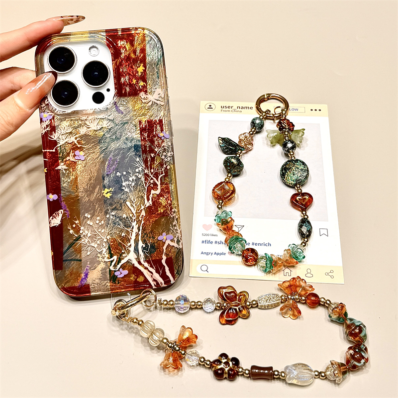 玩胜 新中式复古水墨画书法拼接花朵手拎链条iphone16promax苹果14手机壳15新款15pro女12国风13pm硅胶防摔套