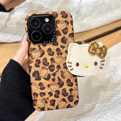 美拉德风豹纹线条kitty猫刺绣磁吸支架适用于iphone17promax苹果14手机壳15新款16pro女13菲林硬壳17pm防摔套