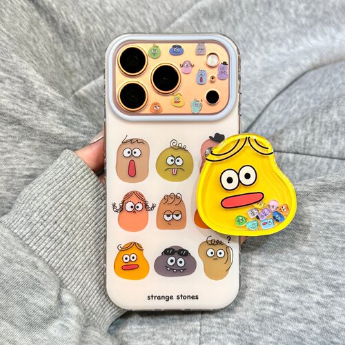 软萌可爱油画镂空小石头表情包摇摇乐支架适用于iphone17promax苹果17手机壳15新款16pro女17pm硅胶防摔软壳