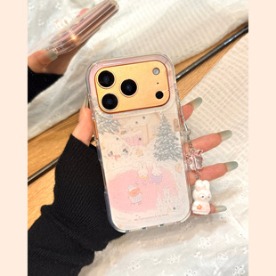圣诞氛围感雪人城堡温泉米菲兔植绒挂件适用于iphone17promax苹果14手机壳15新款16pro女13硅胶17pm防摔软壳
