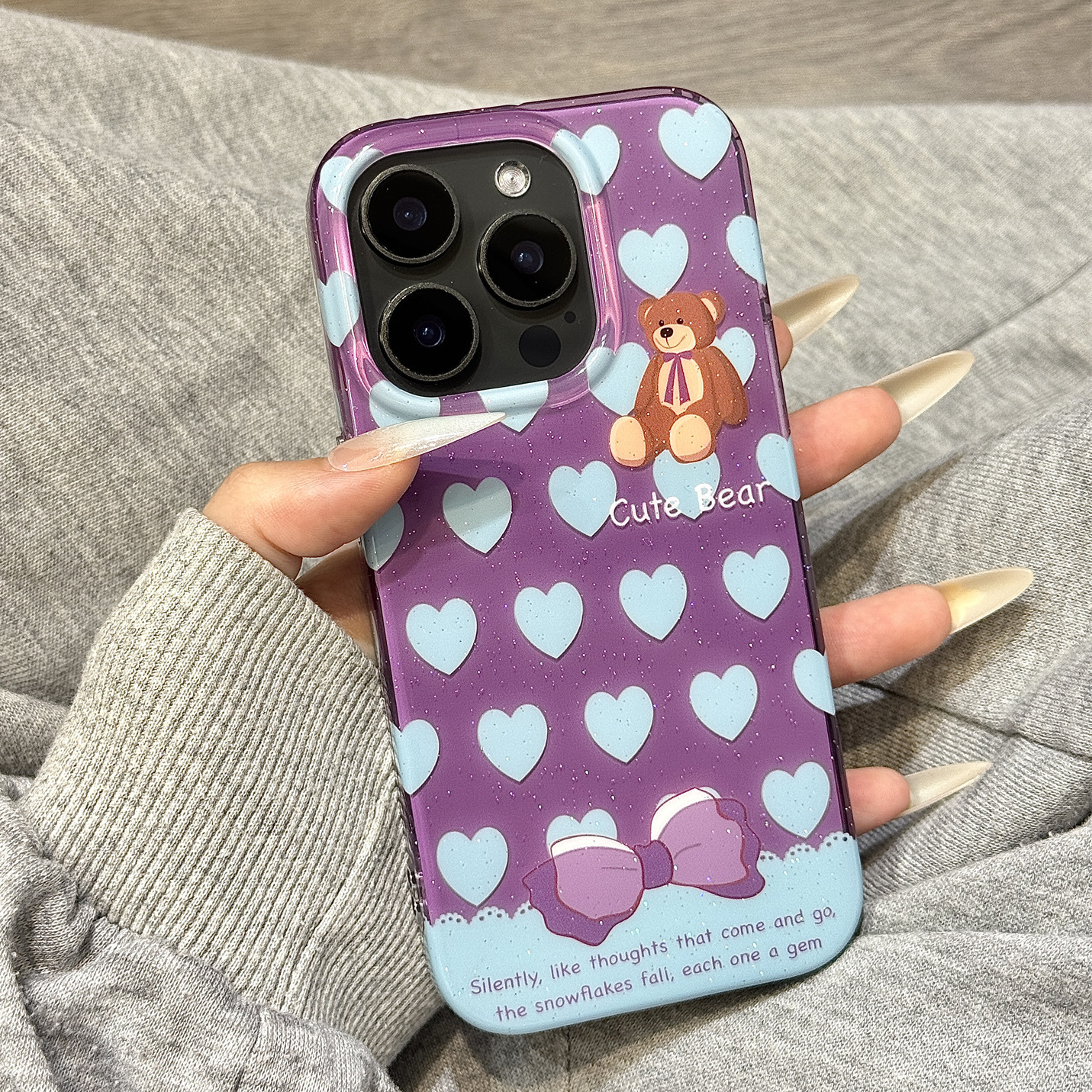 细闪粉紫色蝴蝶结爱心小熊适用于iphone16promax苹果14手机壳15新款15pro女16少女心13pm双层硅胶防摔保护套