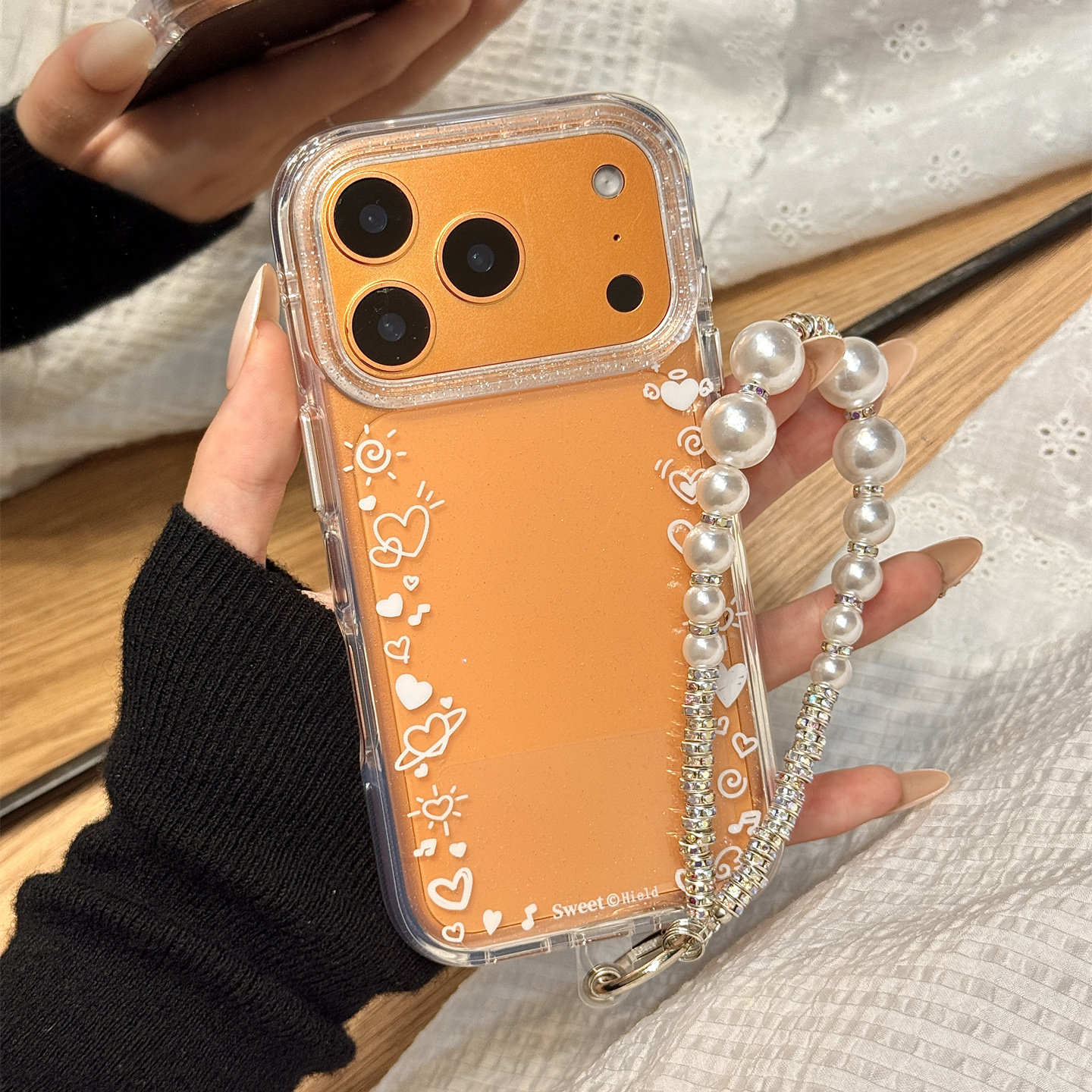 细闪粉油画围边白色爱心珍珠手链链条适用于iphone17promax苹果14手机壳15新款16pro女13透明17pm硅胶防摔套