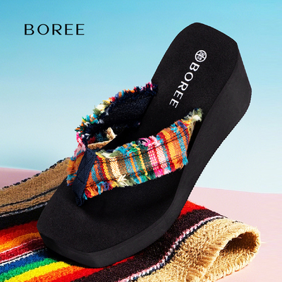 宝人民族风厚底人字拖女