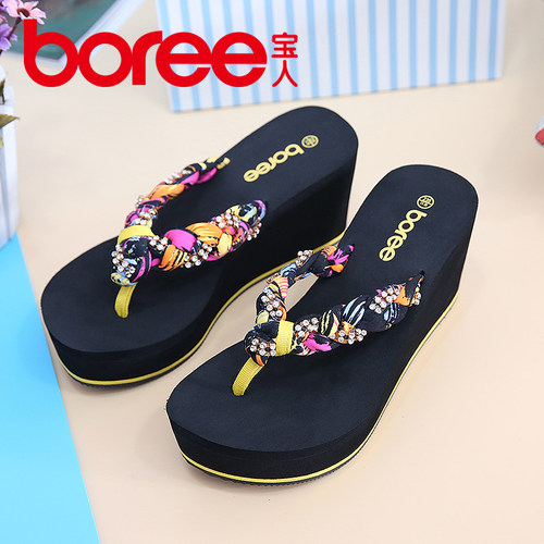 坡跟厚底人字拖水钻防滑凉拖宝人